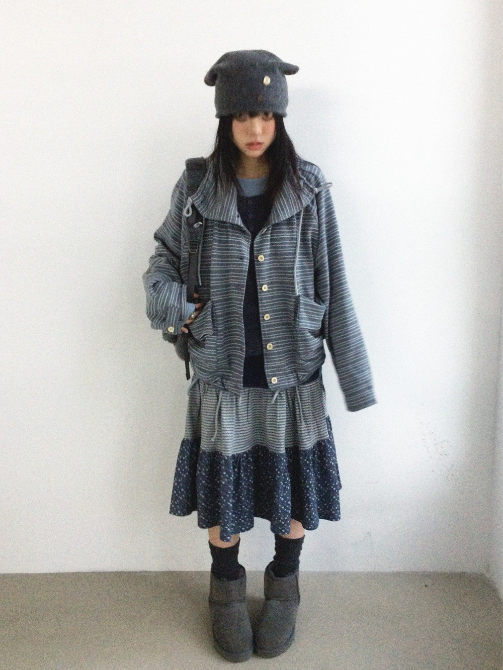 innomoood Striped Knit Loose Stand Collar Pocket Drawstring Women&