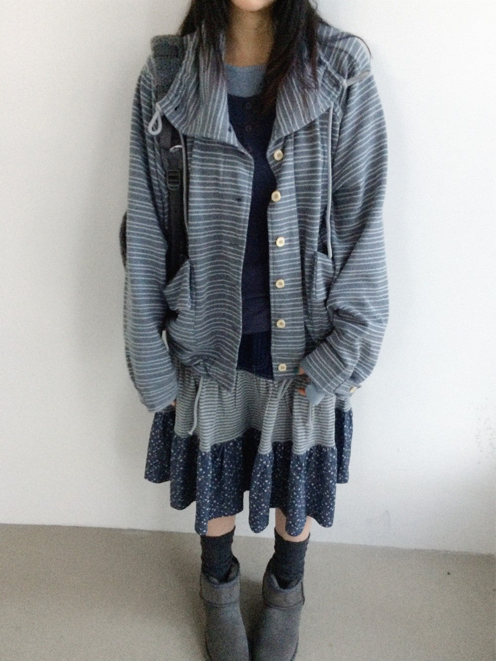 innomoood Striped Knit Loose Stand Collar Pocket Drawstring Women&