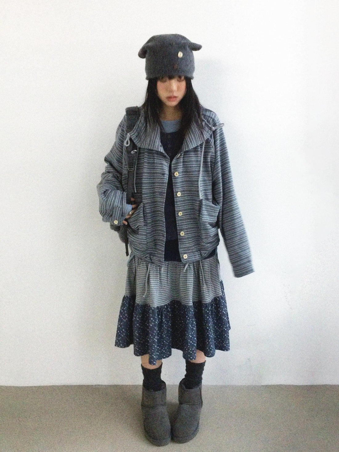 innomoood Striped Knit Loose Stand Collar Pocket Drawstring Women&