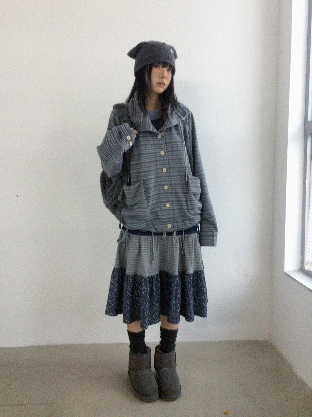innomoood Striped Knit Loose Stand Collar Pocket Drawstring Women&