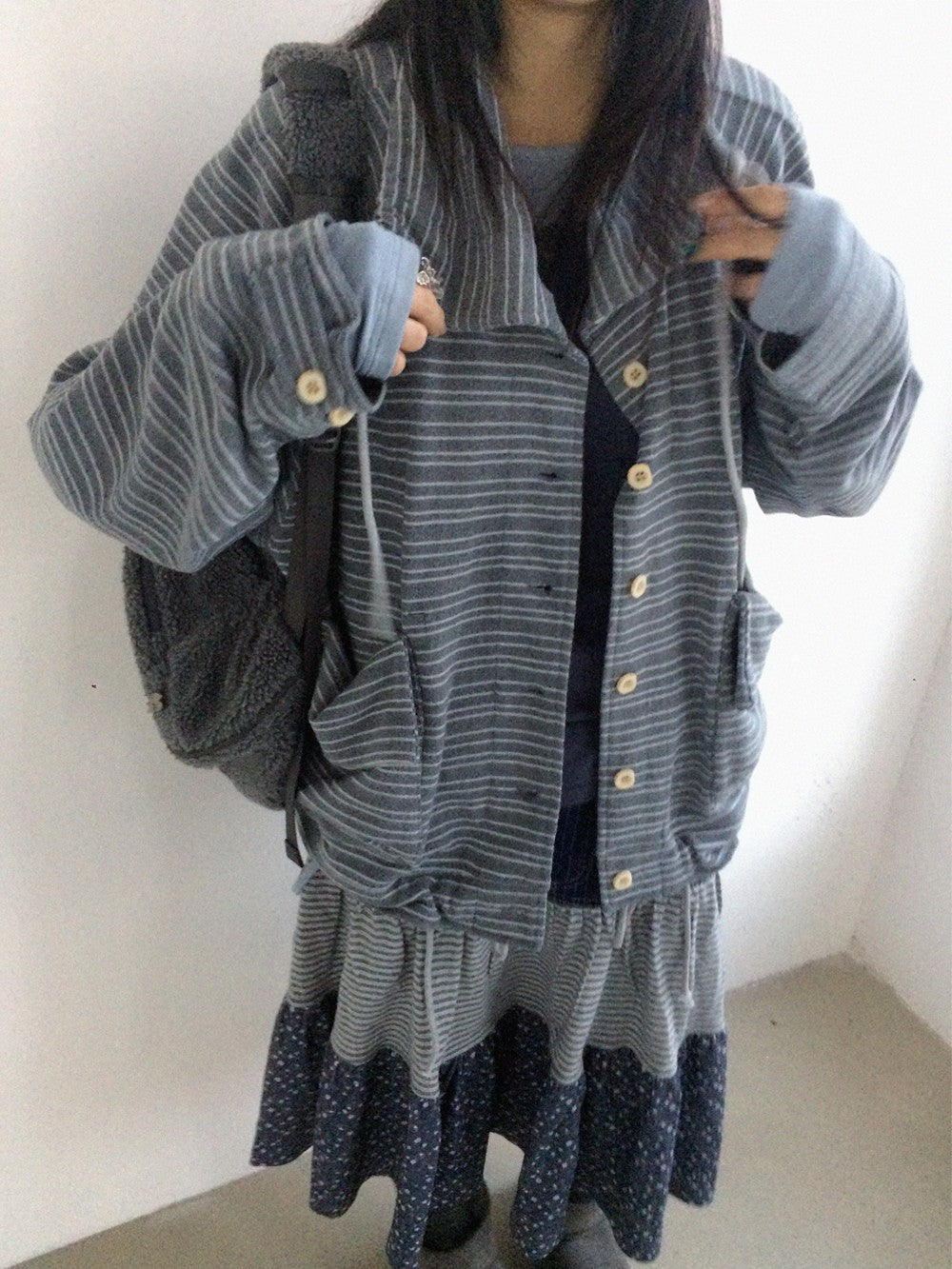 innomoood Striped Knit Loose Stand Collar Pocket Drawstring Women&