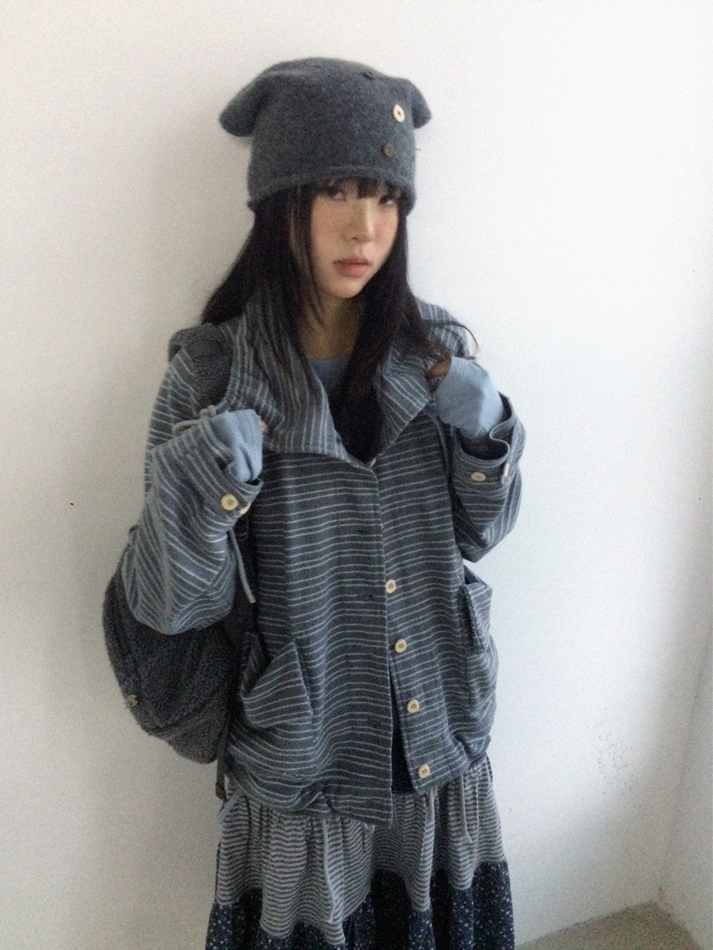 innomoood Striped Knit Loose Stand Collar Pocket Drawstring Women&
