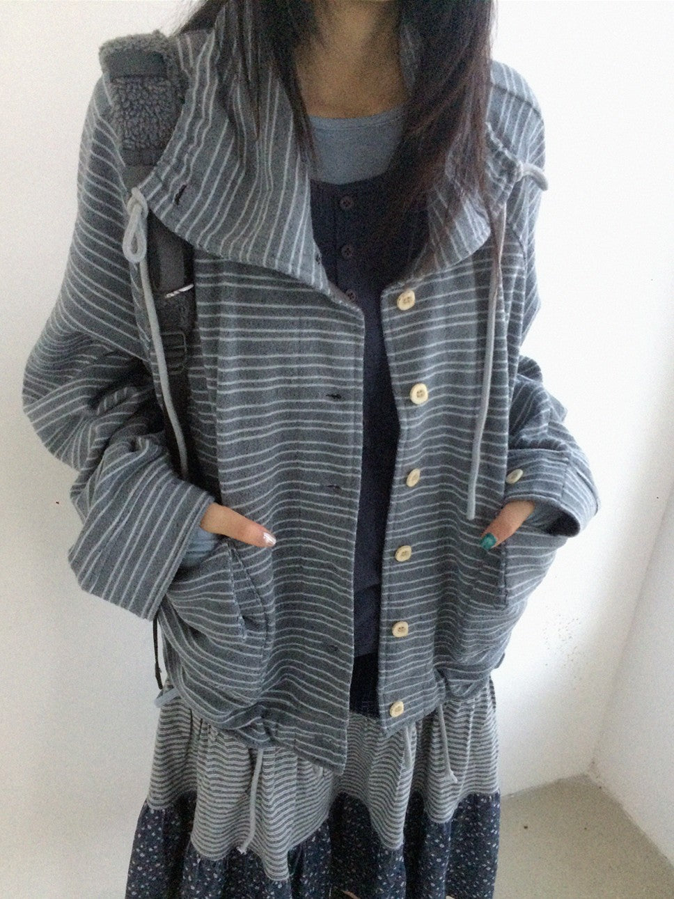 innomoood Striped Knit Loose Stand Collar Pocket Drawstring Women&