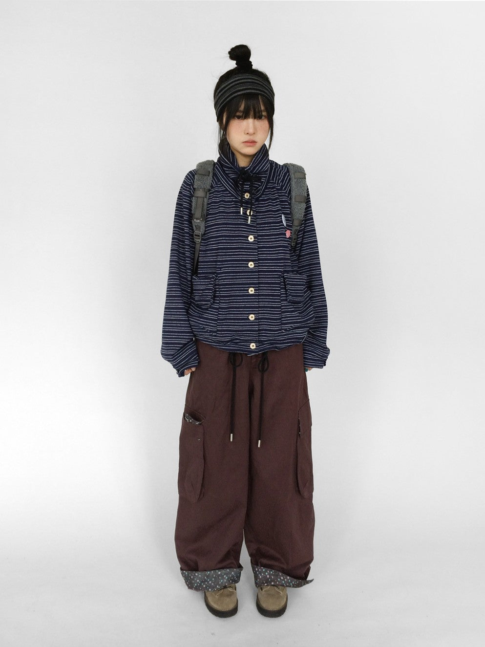 innomoood Striped Knit Loose Stand Collar Pocket Drawstring Women&