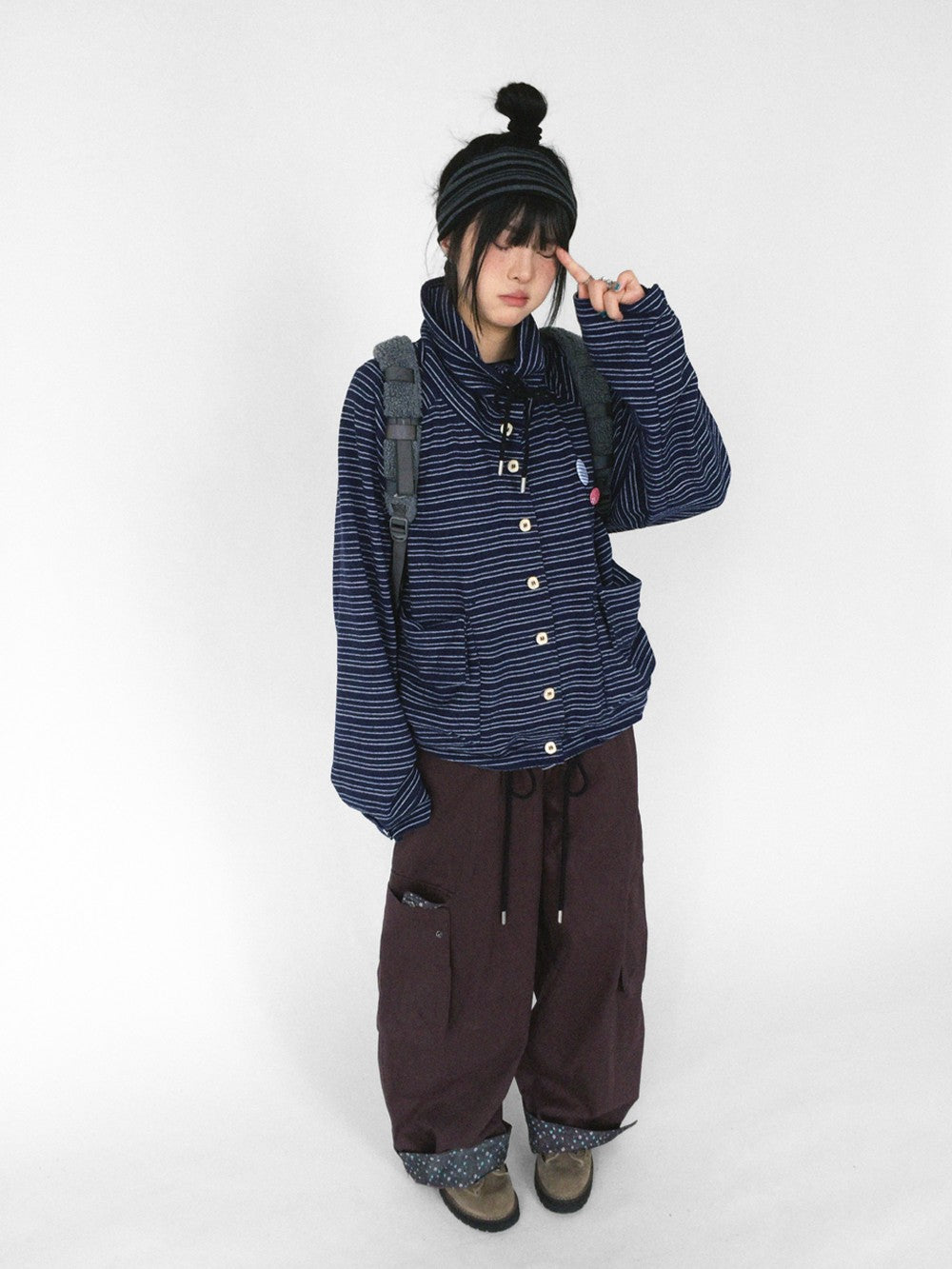 innomoood Striped Knit Loose Stand Collar Pocket Drawstring Women&