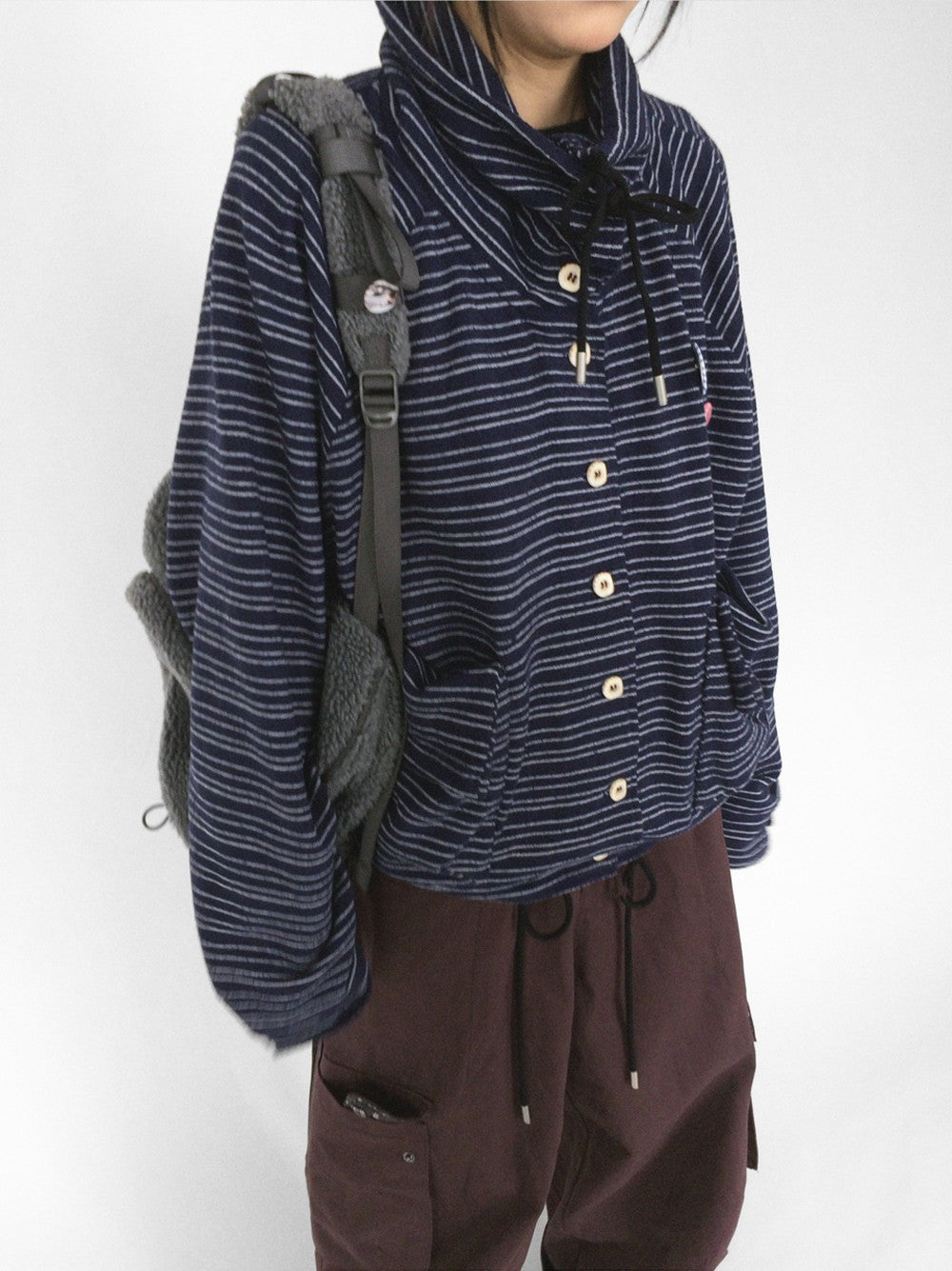 innomoood Striped Knit Loose Stand Collar Pocket Drawstring Women&
