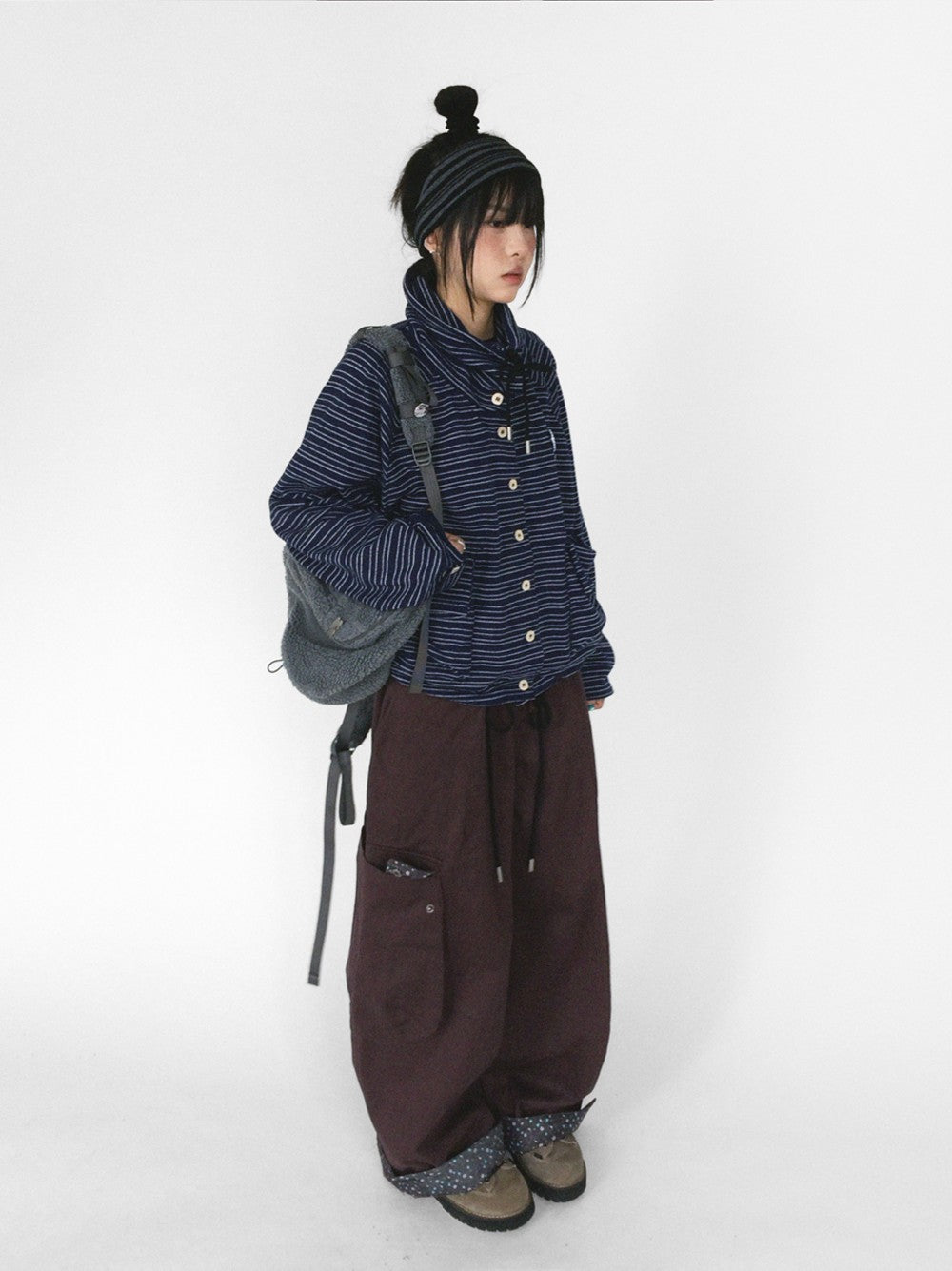 innomoood Striped Knit Loose Stand Collar Pocket Drawstring Women&