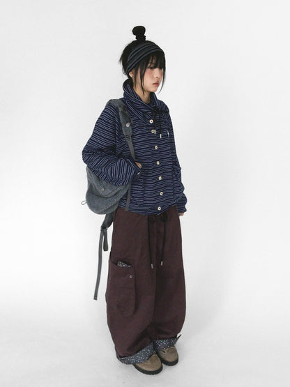innomoood Striped Knit Loose Stand Collar Pocket Drawstring Women&