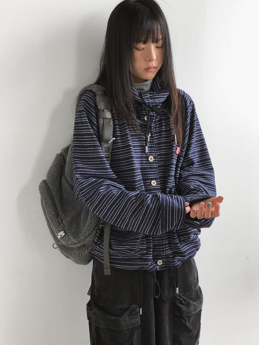 innomoood Striped Knit Loose Stand Collar Pocket Drawstring Women&