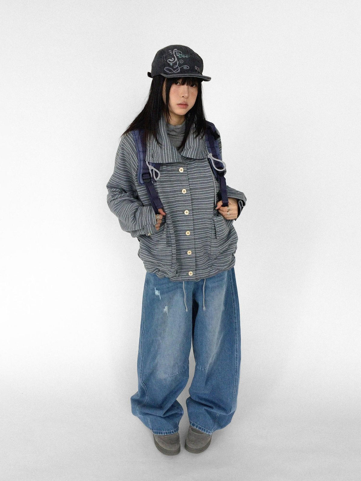 innomoood Striped Knit Loose Stand Collar Pocket Drawstring Women&