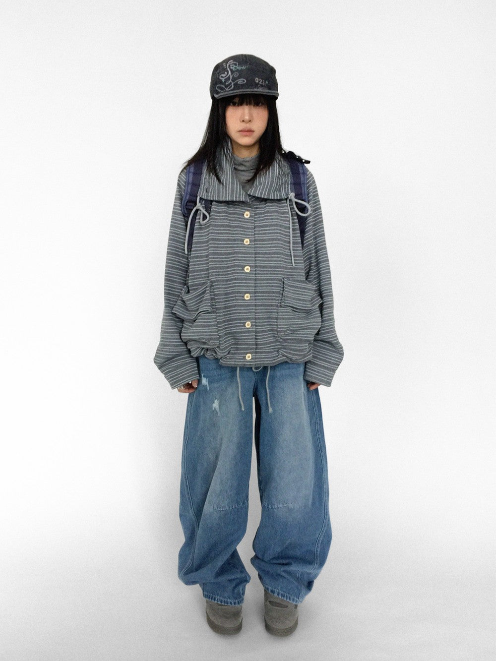 innomoood Striped Knit Loose Stand Collar Pocket Drawstring Women&
