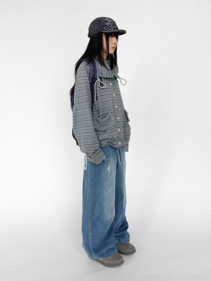 innomoood Striped Knit Loose Stand Collar Pocket Drawstring Women&