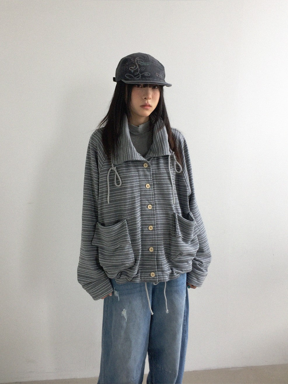innomoood Striped Knit Loose Stand Collar Pocket Drawstring Women&