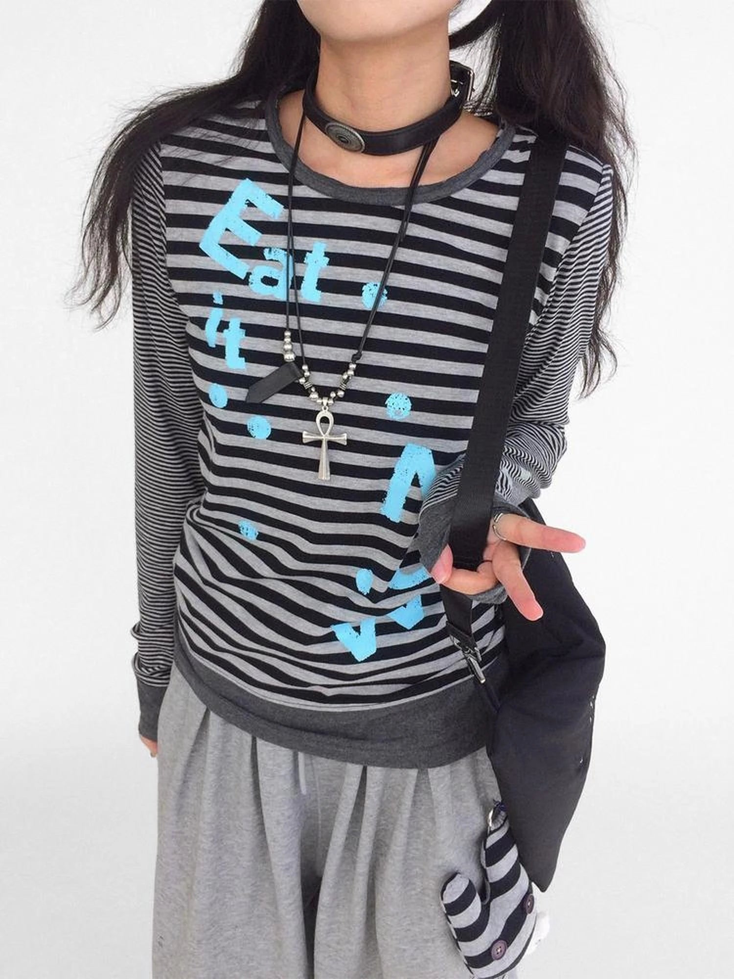 Striped Patchwork Tee Blue Distressed Print Long Sleeve