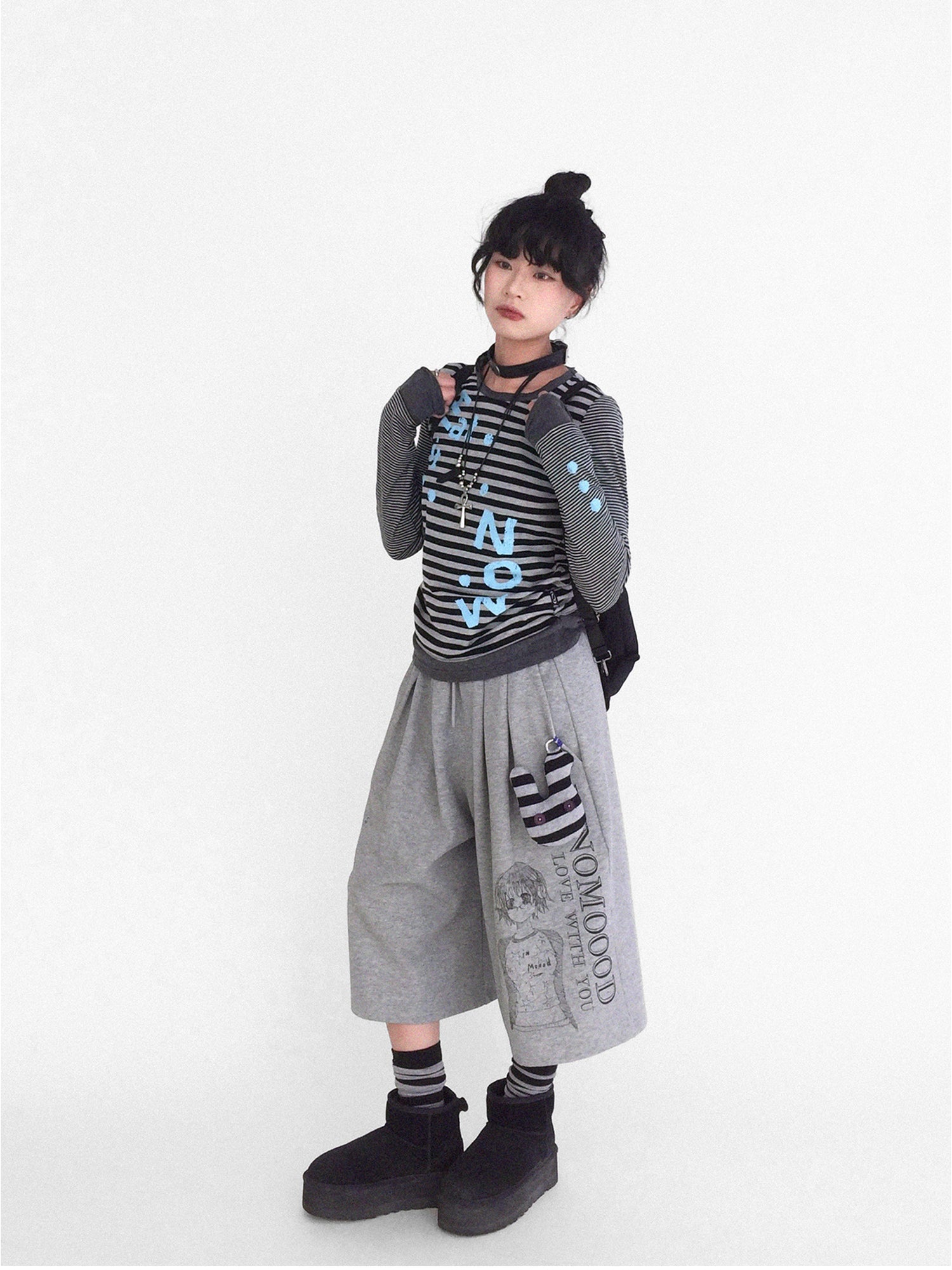 innomoood Striped Patchwork Tee Blue Distressed Print Long Sleeve