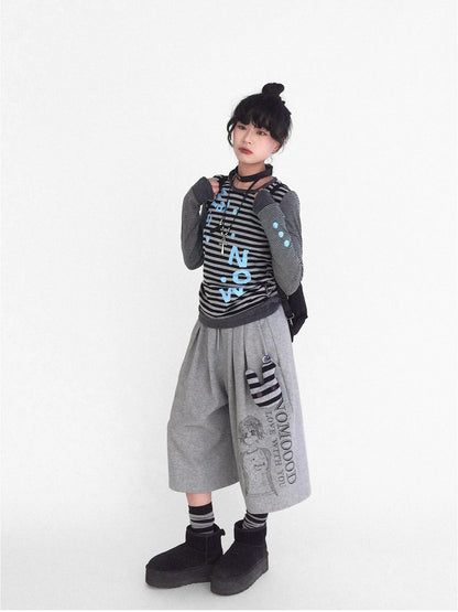 Striped Patchwork Tee Blue Distressed Print Long Sleeve