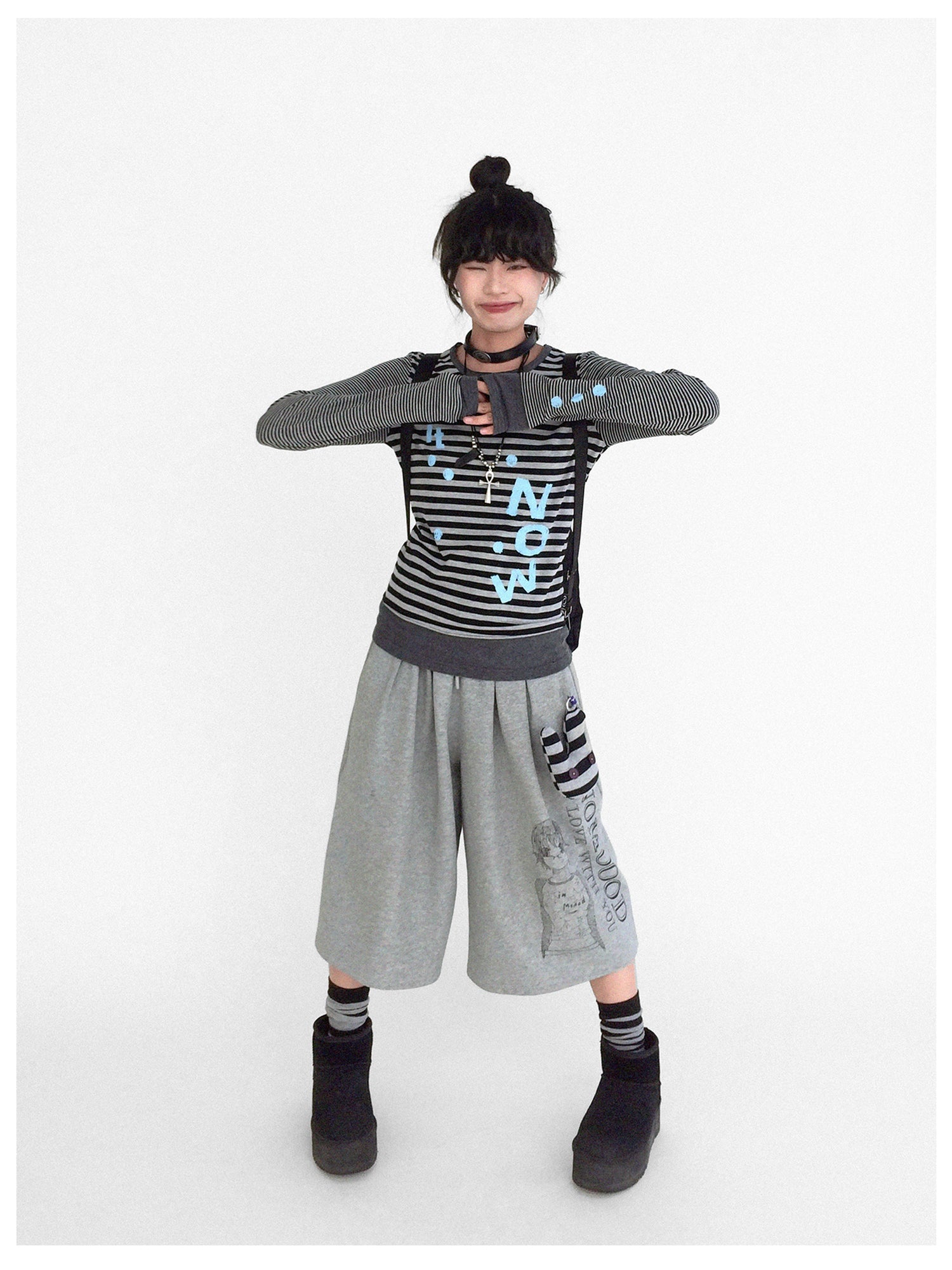 innomoood Striped Patchwork Tee Blue Distressed Print Long Sleeve