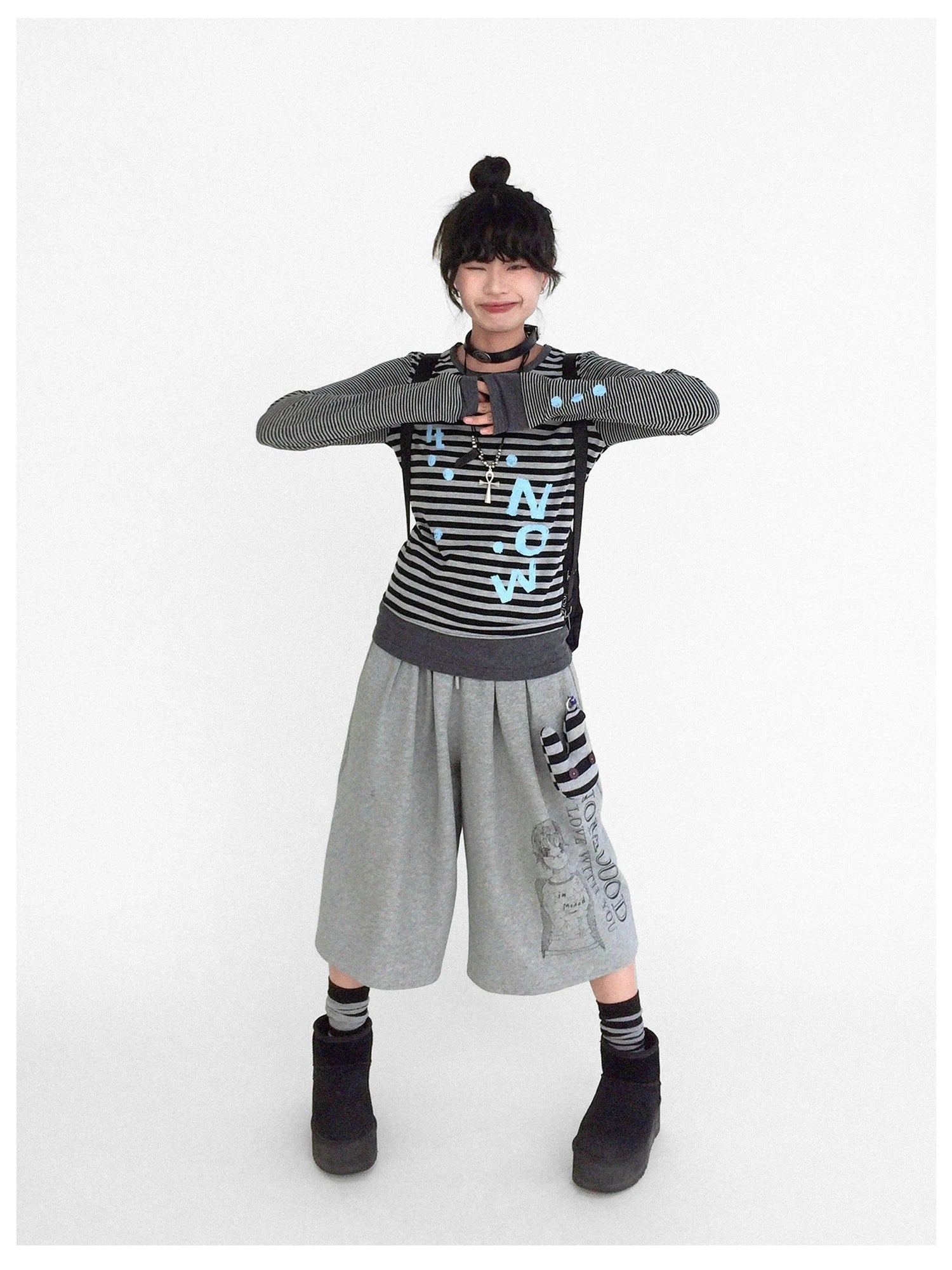 Striped Patchwork Tee Blue Distressed Print Long Sleeve