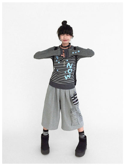 Striped Patchwork Tee Blue Distressed Print Long Sleeve