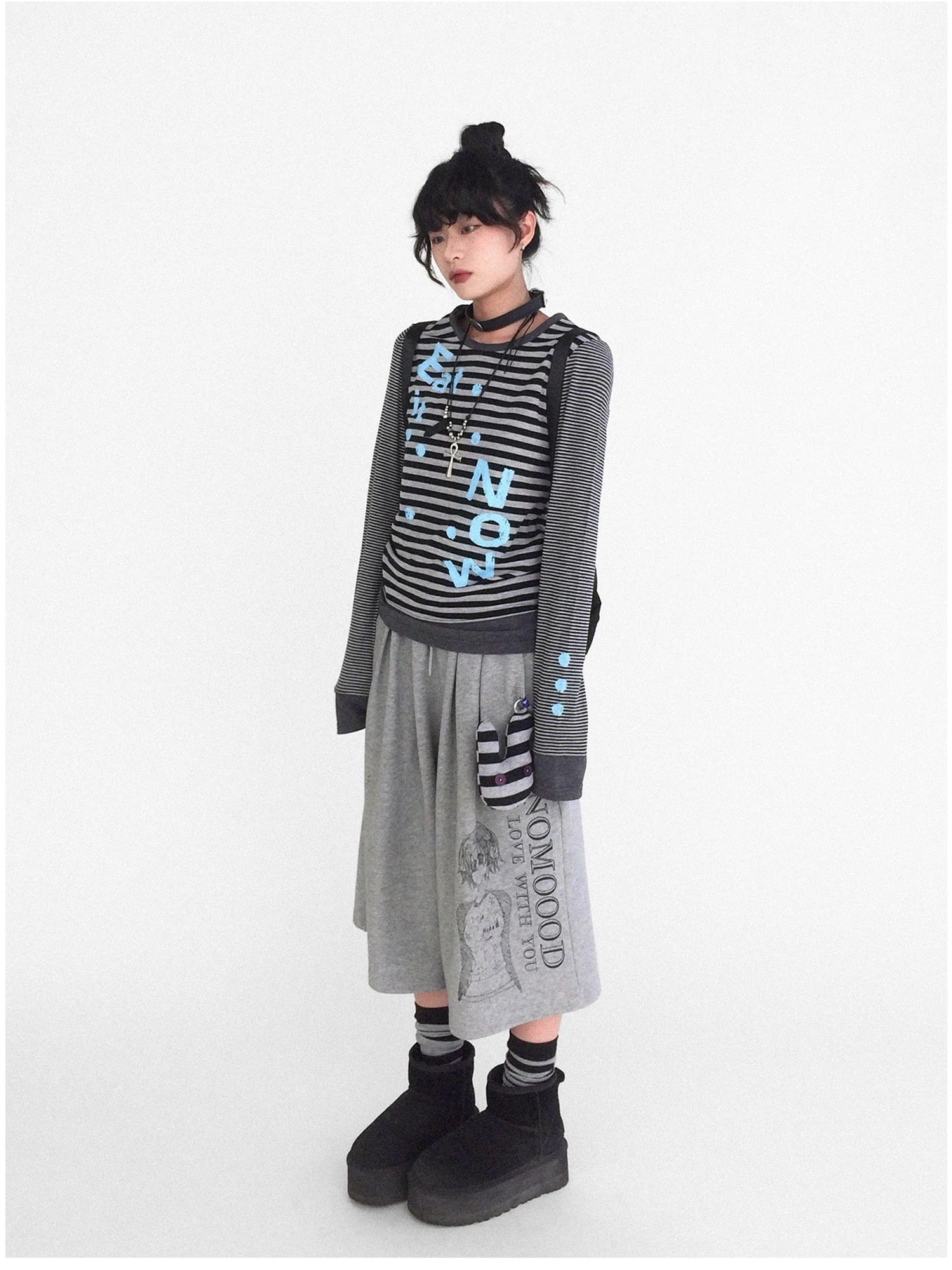 Striped Patchwork Tee Blue Distressed Print Long Sleeve