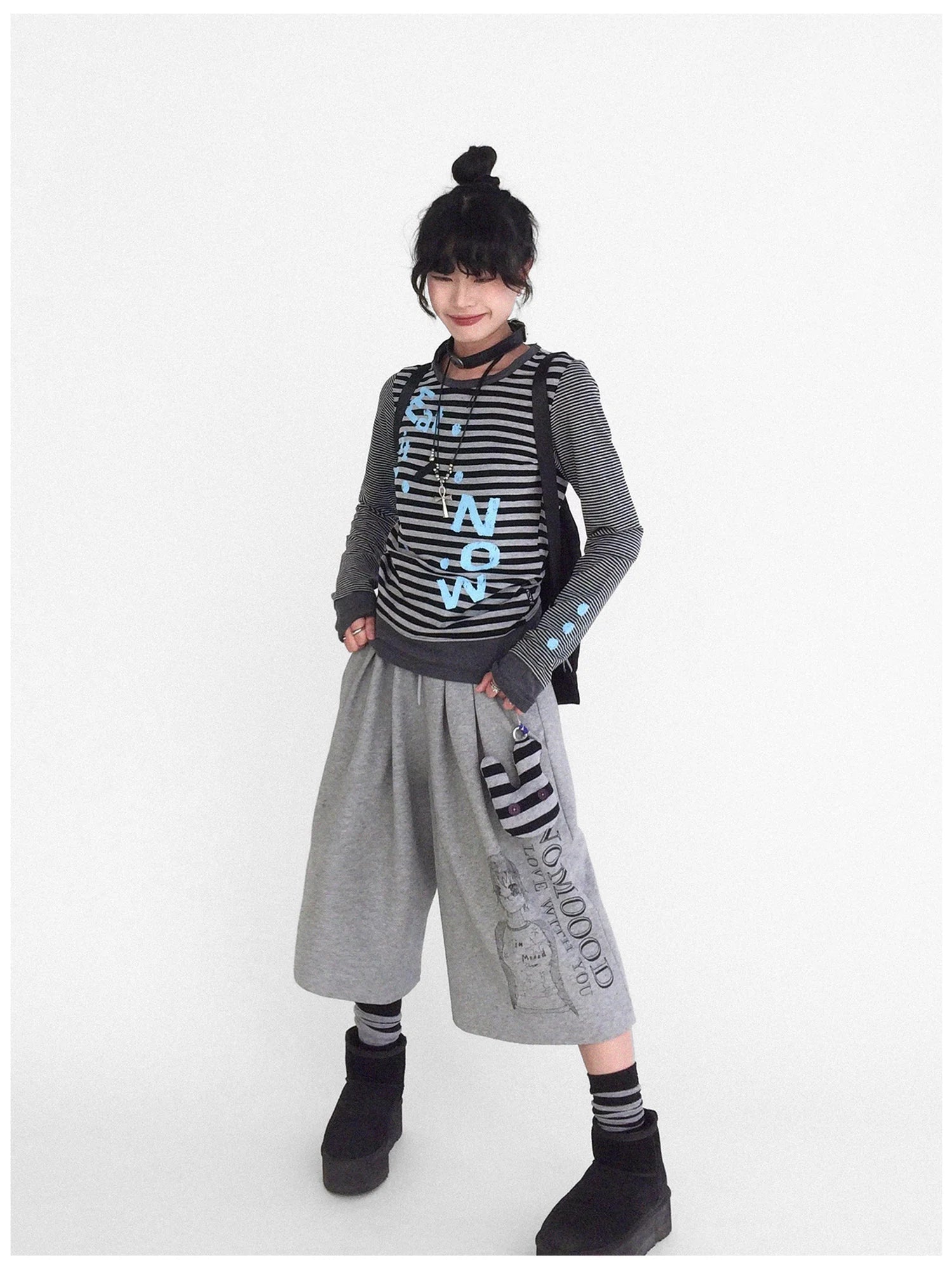 Striped Patchwork Tee Blue Distressed Print Long Sleeve