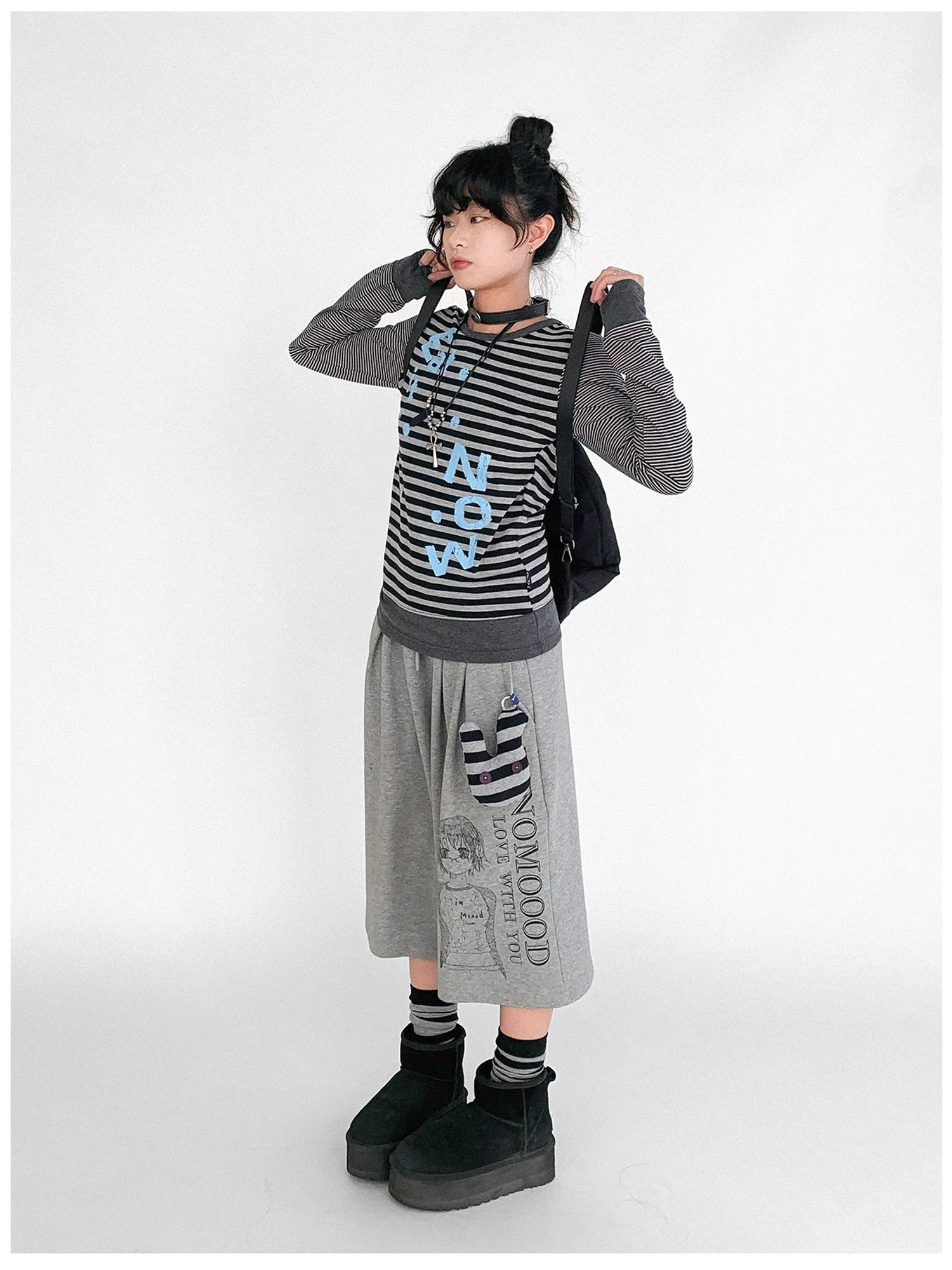 Striped Patchwork Tee Blue Distressed Print Long Sleeve