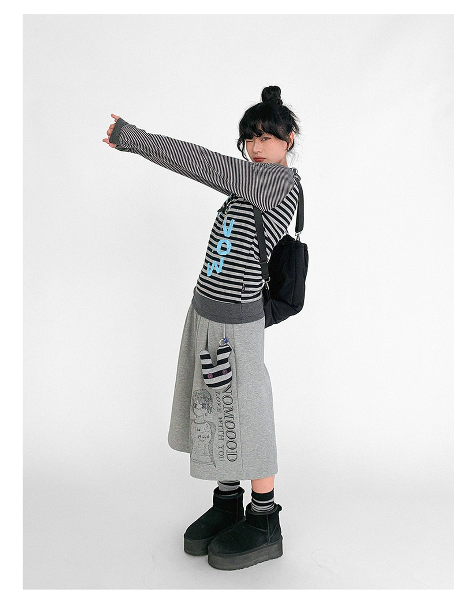 innomoood Striped Patchwork Tee Blue Distressed Print Long Sleeve