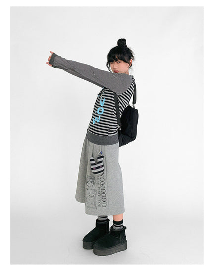 innomoood Striped Patchwork Tee Blue Distressed Print Long Sleeve