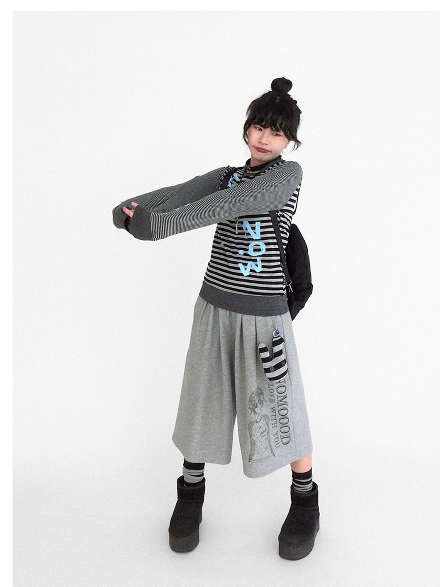 innomoood Striped Patchwork Tee Blue Distressed Print Long Sleeve
