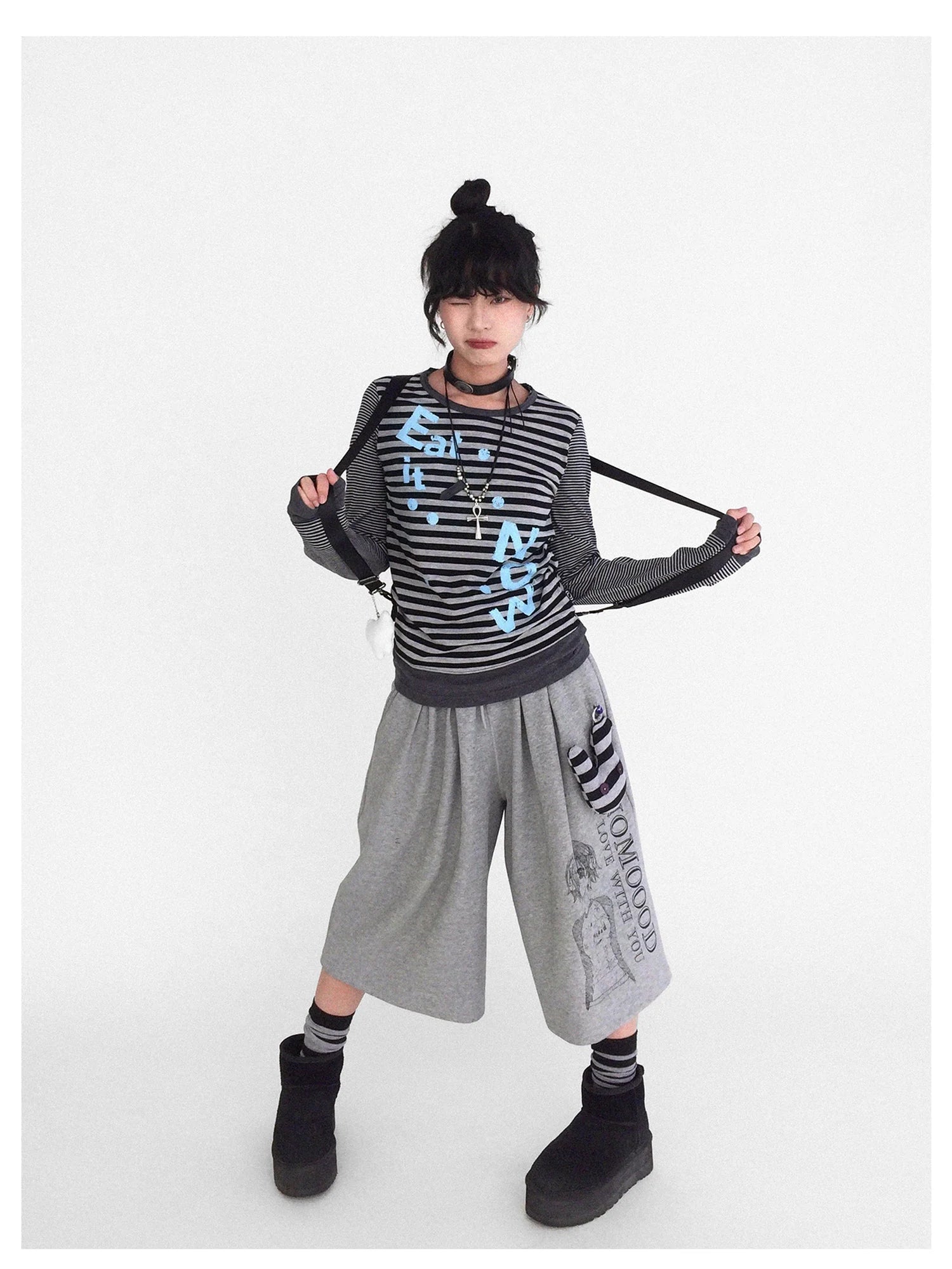 Striped Patchwork Tee Blue Distressed Print Long Sleeve