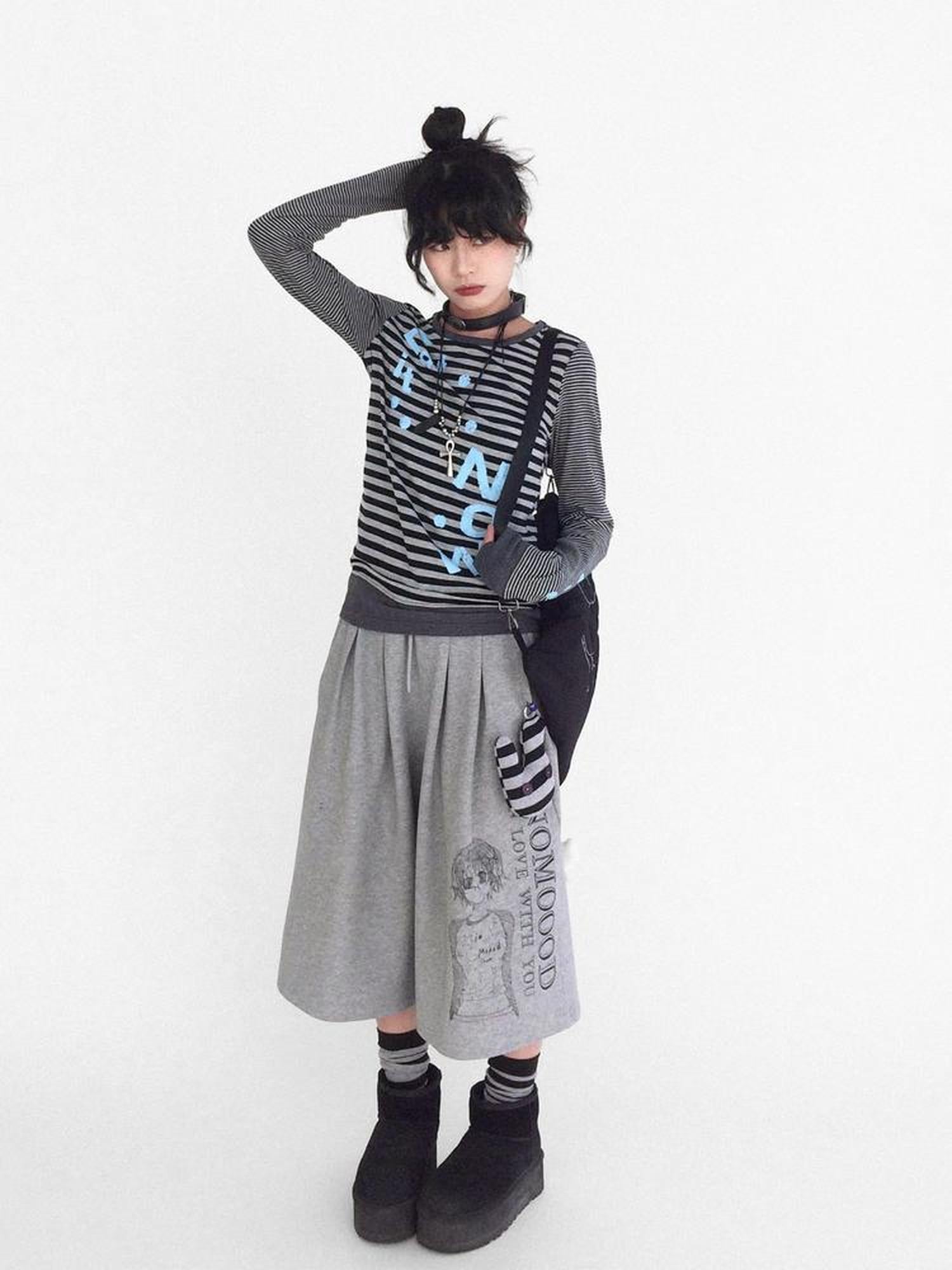 innomoood Striped Patchwork Tee Blue Distressed Print Long Sleeve