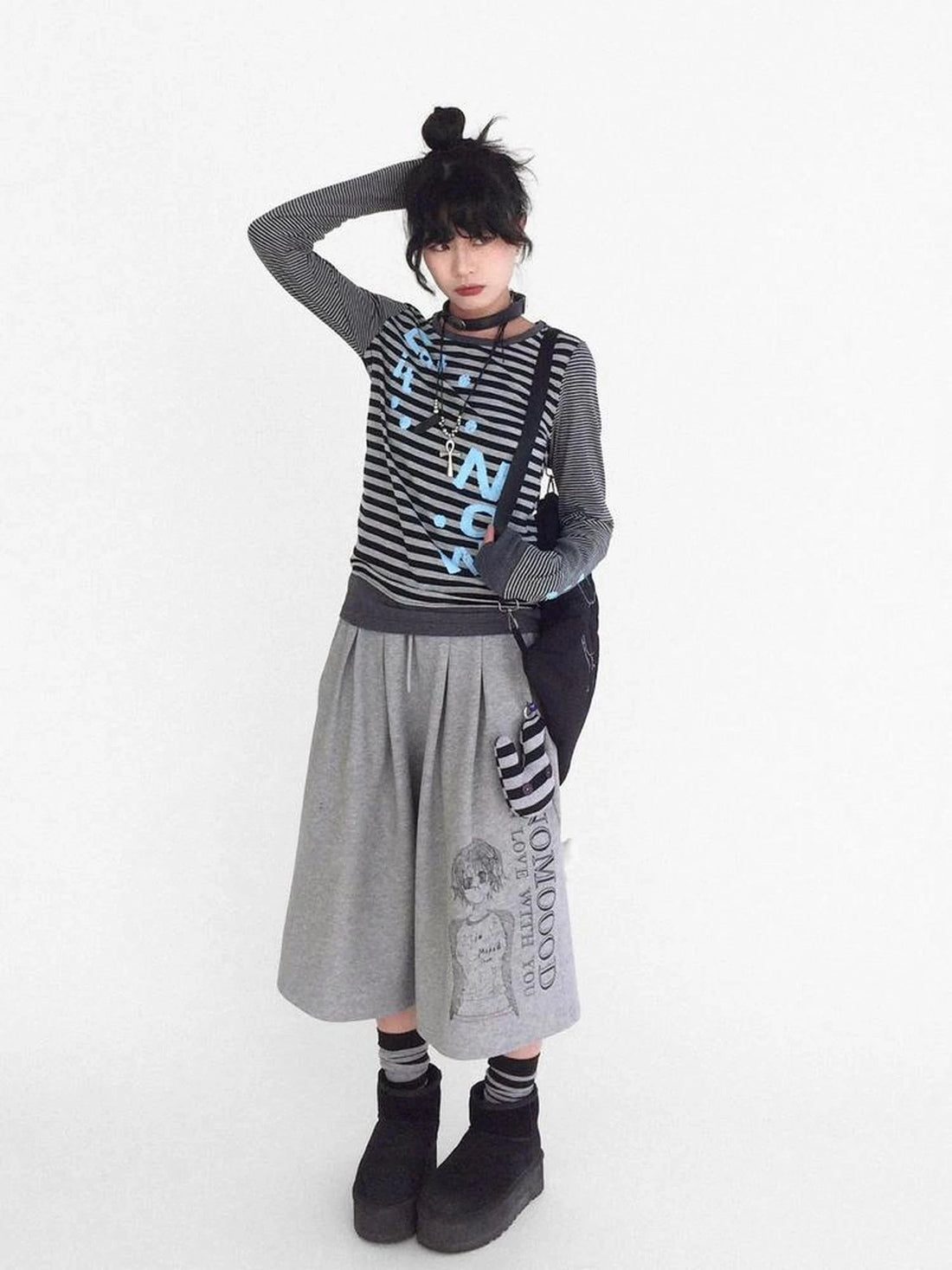 Striped Patchwork Tee Blue Distressed Print Long Sleeve