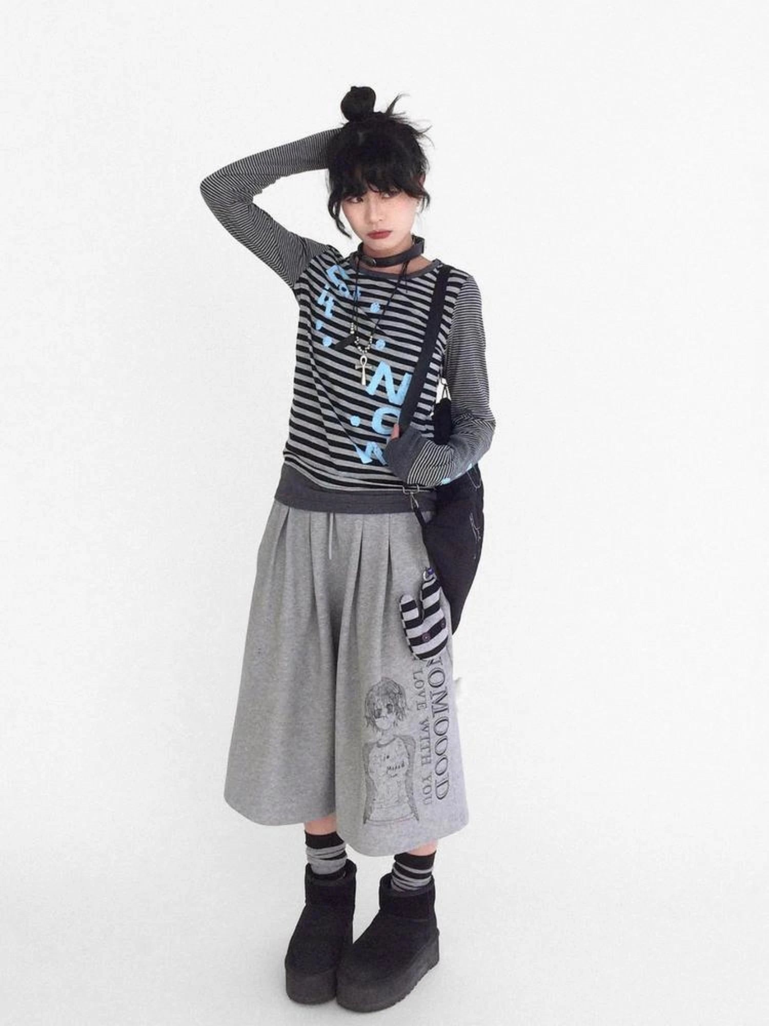 Striped Patchwork Tee Blue Distressed Print Long Sleeve