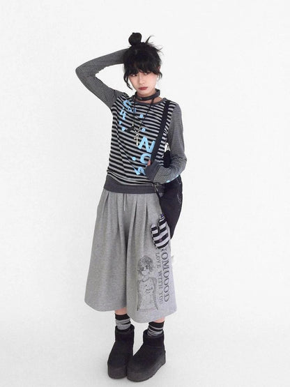 Striped Patchwork Tee Blue Distressed Print Long Sleeve