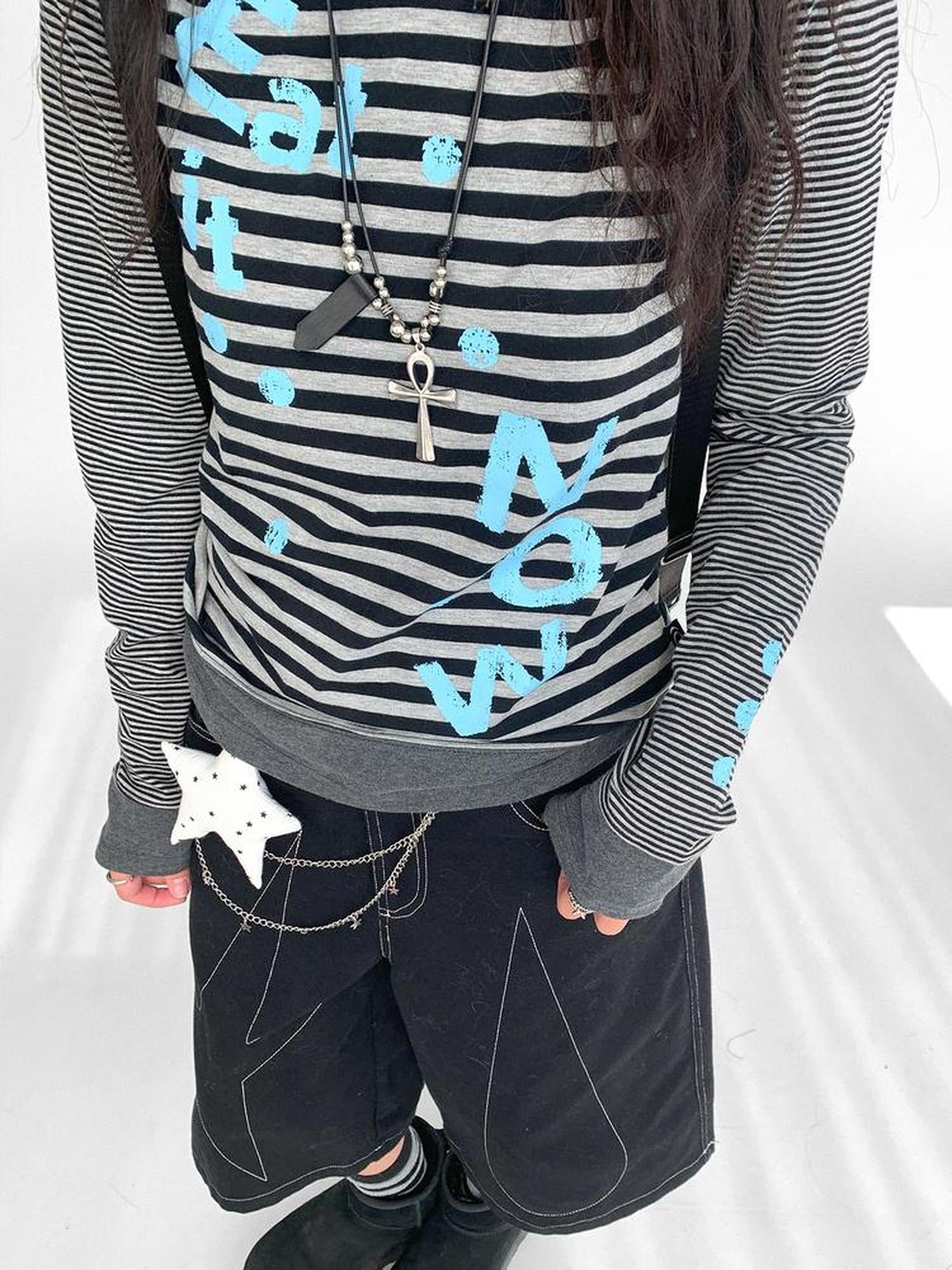 innomoood Striped Patchwork Tee Blue Distressed Print Long Sleeve