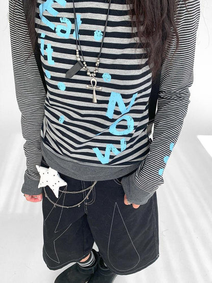 innomoood Striped Patchwork Tee Blue Distressed Print Long Sleeve