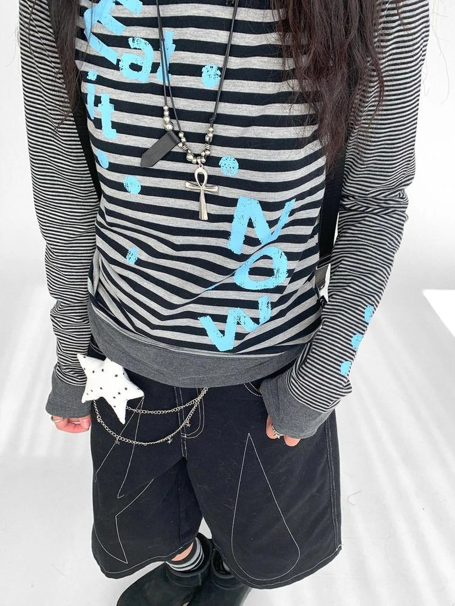 Striped Patchwork Tee Blue Distressed Print Long Sleeve