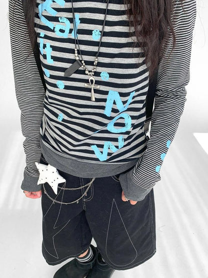 Striped Patchwork Tee Blue Distressed Print Long Sleeve