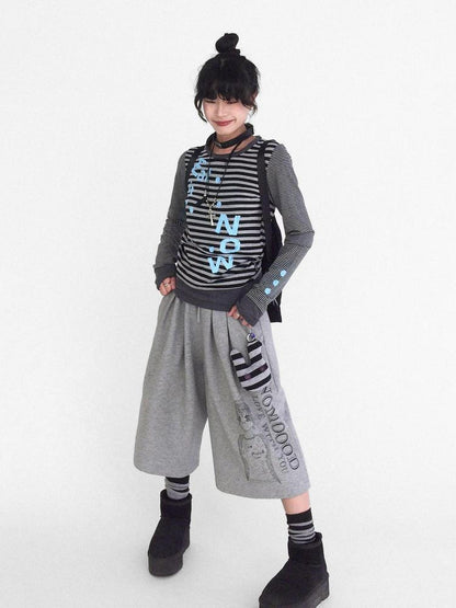 innomoood Striped Patchwork Tee Blue Distressed Print Long Sleeve