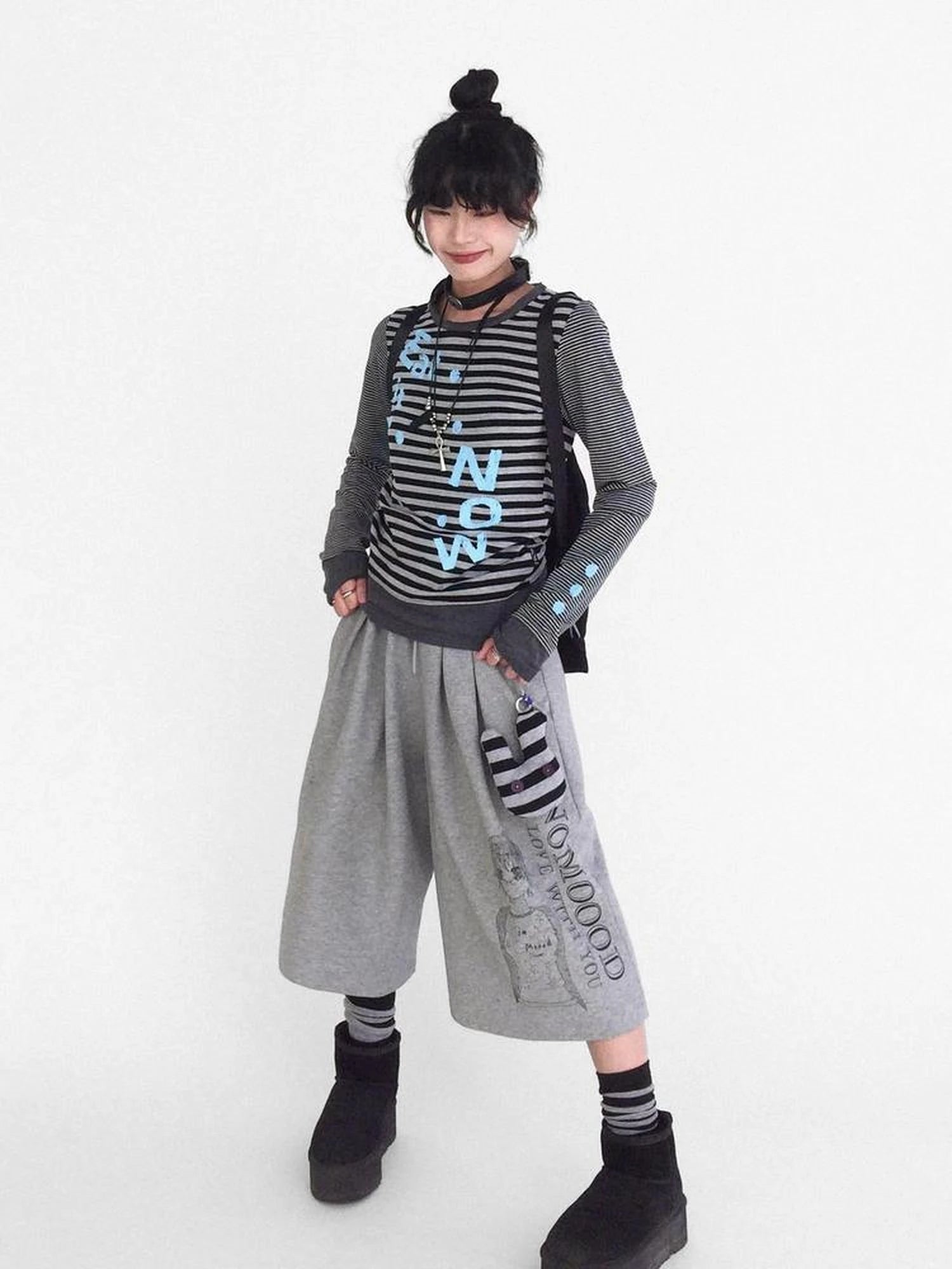 Striped Patchwork Tee Blue Distressed Print Long Sleeve