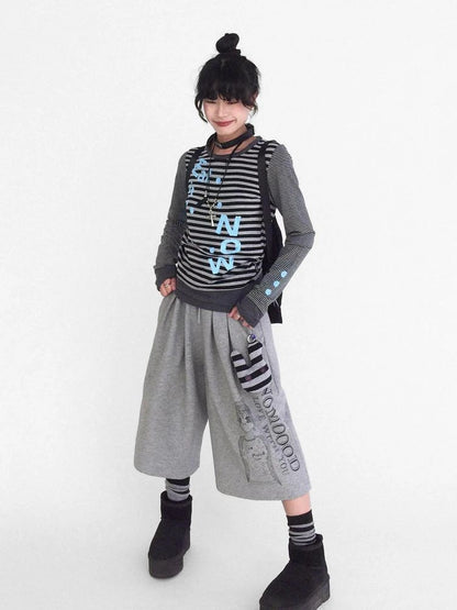 Striped Patchwork Tee Blue Distressed Print Long Sleeve