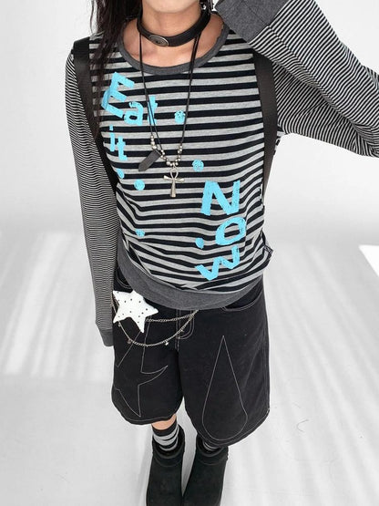 Striped Patchwork Tee Blue Distressed Print Long Sleeve