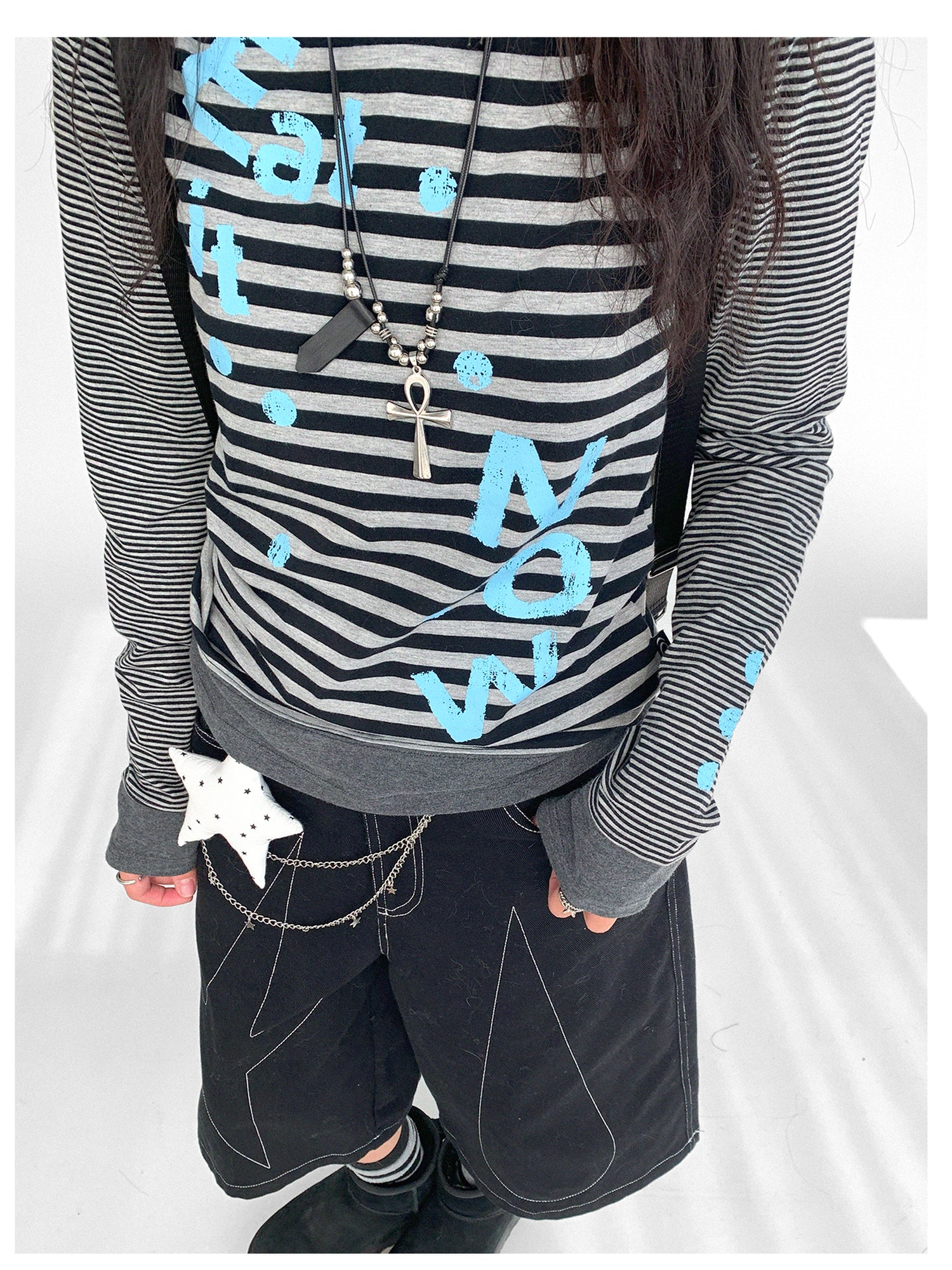 innomoood Striped Patchwork Tee Blue Distressed Print Long Sleeve