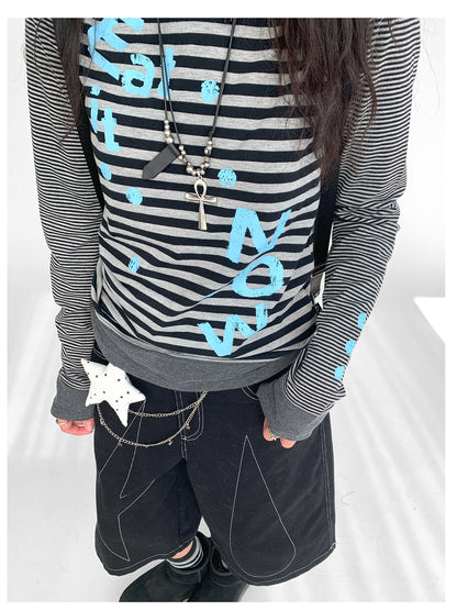 innomoood Striped Patchwork Tee Blue Distressed Print Long Sleeve