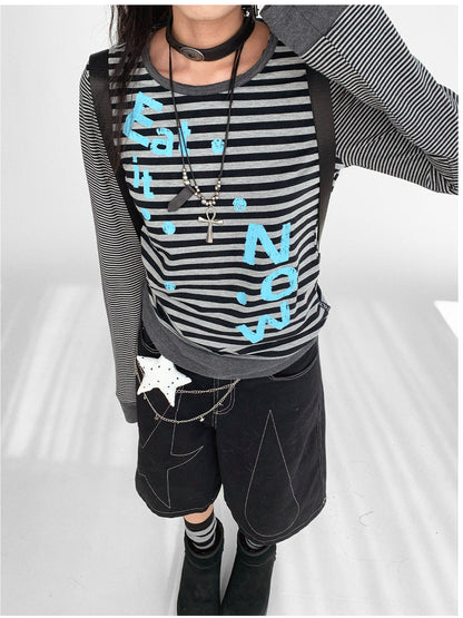 innomoood Striped Patchwork Tee Blue Distressed Print Long Sleeve