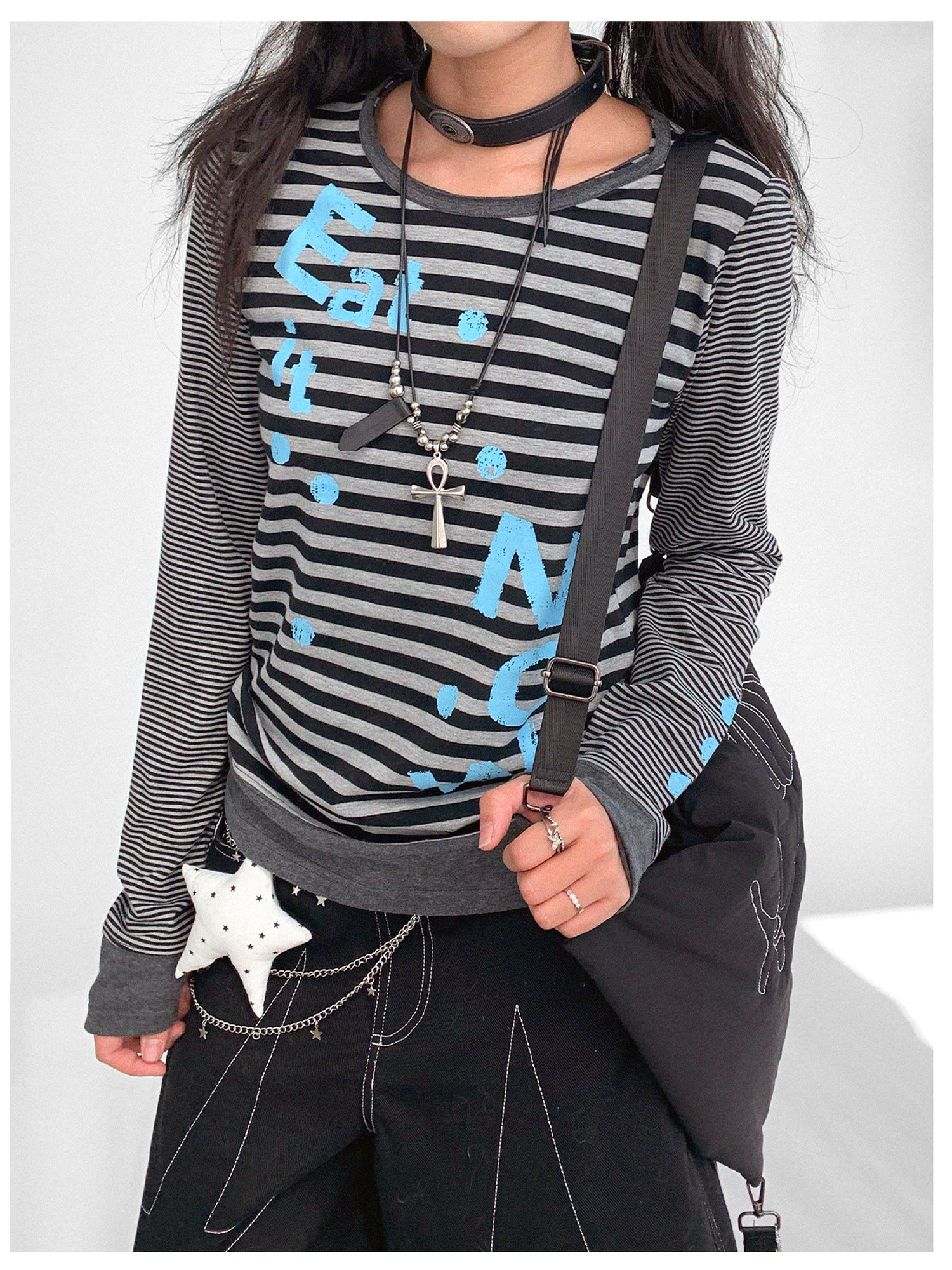 innomoood Striped Patchwork Tee Blue Distressed Print Long Sleeve