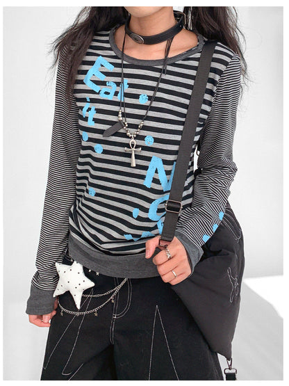 innomoood Striped Patchwork Tee Blue Distressed Print Long Sleeve