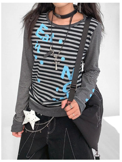 Striped Patchwork Tee Blue Distressed Print Long Sleeve