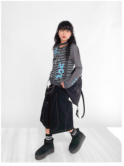 innomoood Striped Patchwork Tee Blue Distressed Print Long Sleeve
