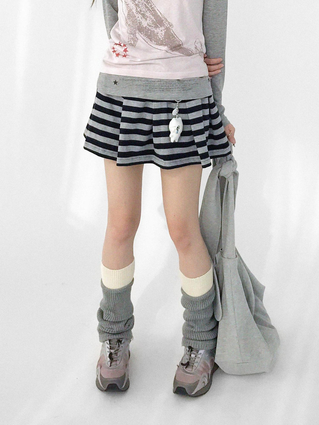 innomoood Striped Pleated Knit Miniskirt with Ribbed Waist